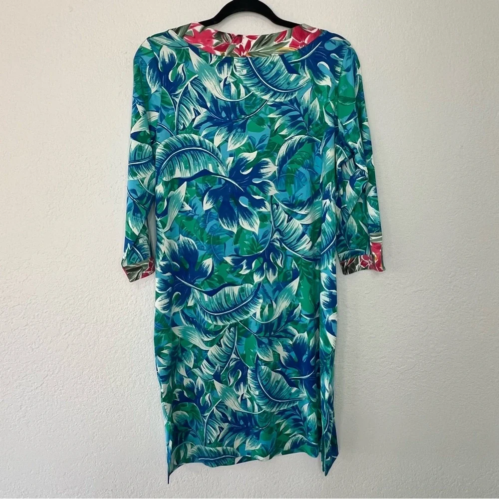 Caribbean Joe Blue Tropical Slinky Sheath Dress Women’s Size Medium 3/4 Sleeve - Picture 3 of 7